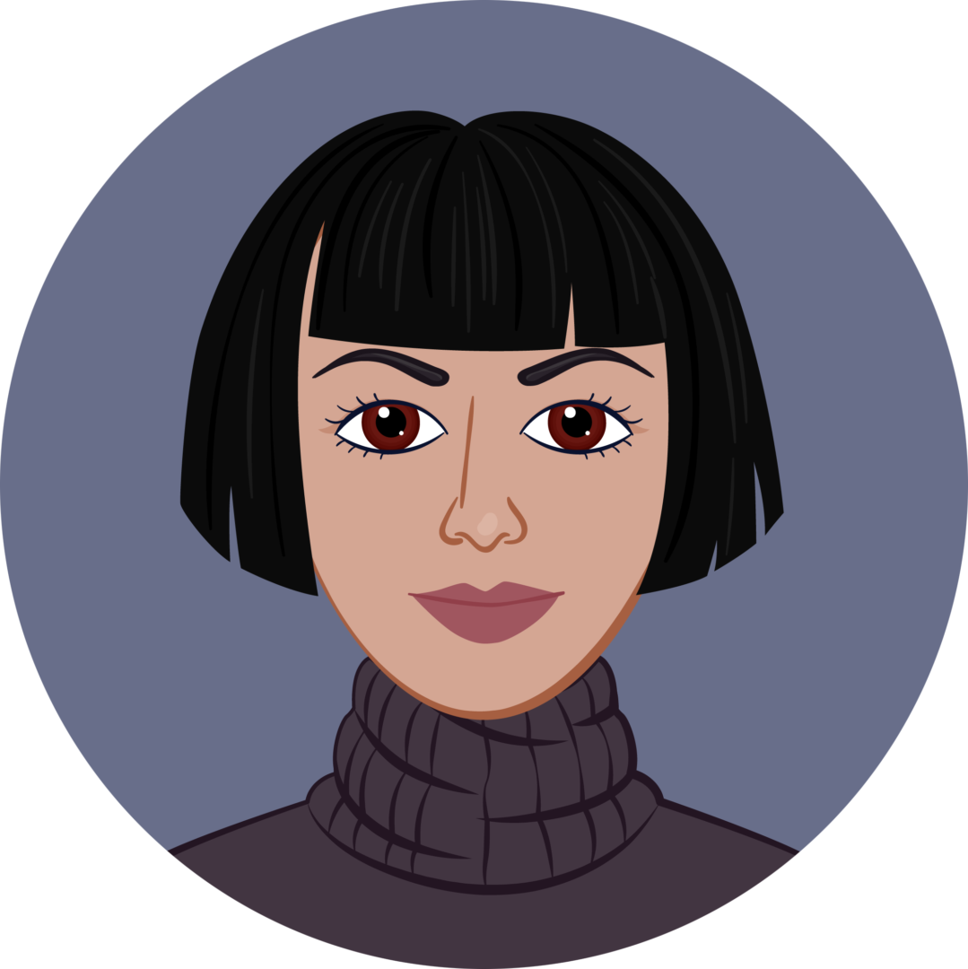 An avatar of a person with black hair